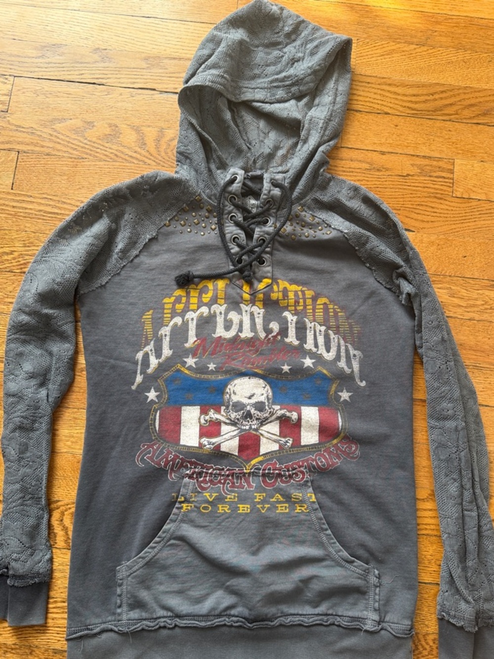 Affliction Women’s Gray Lace-Up Hoodie with Patriotic Skull Graphic